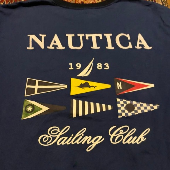 00s Nautica cut and sew diagonal asymmetrical striped big logo flags tshirt XL - Picture 4 of 6